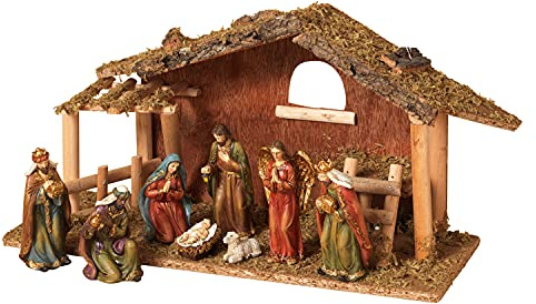 15.25-Inch Long Moss Stable with Set of 9 Resin Figurines Nativity Scene