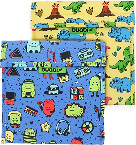 Buabi Borsa Porta Sandwich & Snack, per Bambini. Sacco per la merenda Porta Alimenti. Lavabile, Riutilizzabile, Ecologico, Senza BPA (19x19 Dinosauri e Mostri)