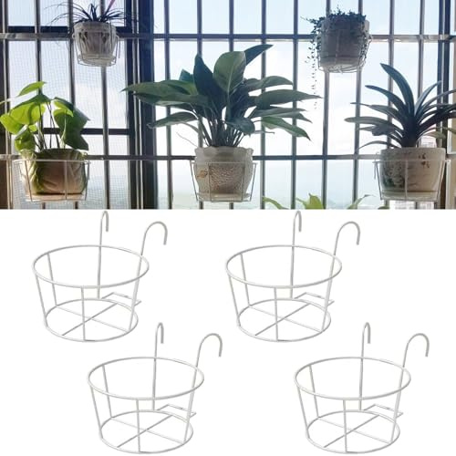 4-pack runda hängande planterare för räcke, blomkrukhållare, växtkorg i metall, hyllbehållare för inomhus- och utomhusbruk (vit)