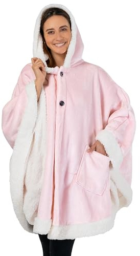PAVILIA Coperta indossabile in pile Sherpa, per donne adulte, comoda coperta in peluche a poncho con cappuccio, scialle super morbida, per ufficio, rosa chiaro