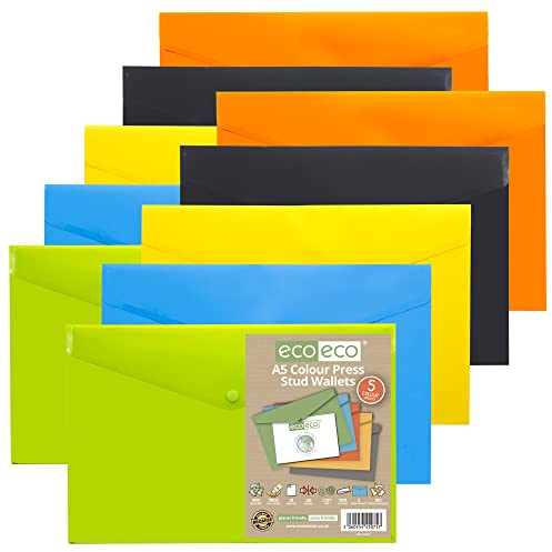 eco-eco A5 50% recycelte Dokumentenmappe mit Druckknopf, 10 Stück, grün, schwarz, blau, gelb, orange, eco075x2