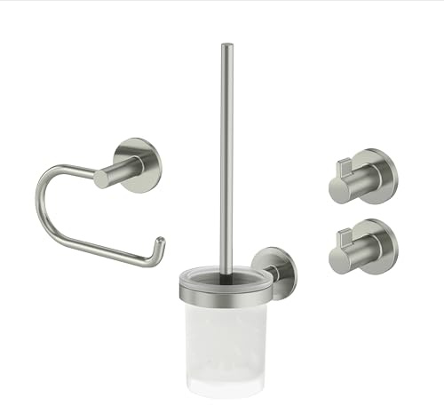 Lenz Bad-Accessoire-Set NOA Nickel – Hochwertige & Pflegeleichte Oberfläche | 4-teiliges Set, Toilettenpapierhalter, WC-Bürstengarnitur und 2x Handtuchhaken, Zum Kleben oder Bohren, 4690022