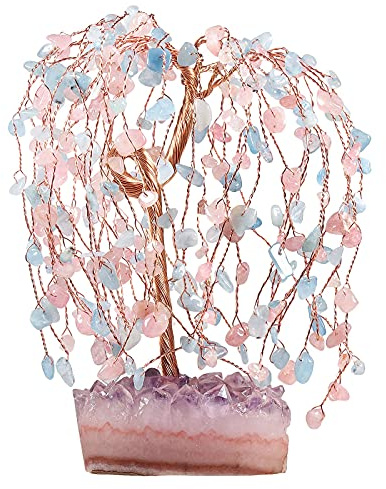 KYEYGWO Rosenquarz & Aquamarine Heilung Kristall Geldbaum auf Natürlichen Amethyst Drusensegment Rohstück Base, Stein Kristallbaum Feng Shui Bonsai Baum Figuren Edelstein Ornament für Haus Deko