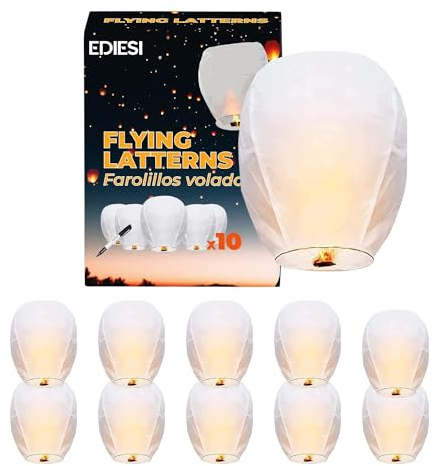 Ediesi, Lanterne Cinesi Volanti, 10 Pezzi, 100% Biodegradabile, di Carta, Bianco, Sky Lanterns, con un Pennarello per Scrivere i Desideri