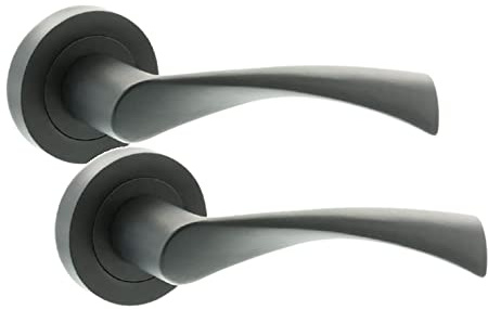 Golden Grace Astrid Twist Door Handles on Round Rose, 1 Pair, Matt Black | Includes spindle and fixing screws for quick, easy interior fitting, with matching bathroom, latch and hinge sets available.