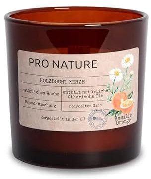 Müller Kerzen PRO NATURE Duftkerze im Glas mit Holzdocht und Rapswachs - Kamille & Orange Duft - Enthält natürliche ätherische Öle und Rapsöl - 40 Stunden Brenndauer - Recyceltes Glas - 1er Pack
