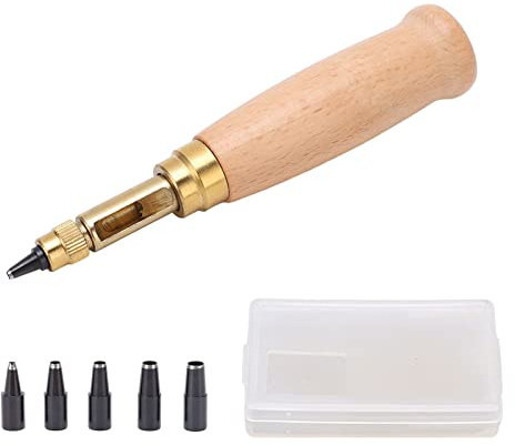 Perforadora Japonesa Ajustable, con 6 Perforaciones Reemplazables, para Cuero y Cinturón, con Mango de Madera, Herramienta de Encuadernación para Coser