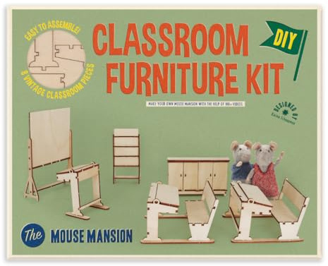 Sam & Julia - Bausatz Klassenzimmer – Puppen-Möbel 1/12 für Puppenhaus oder Puppenschule zum selber basteln – Bastel-Set mit: Mini-Tafel, ABC-Tafel, Pult, Schrank, 2X Schreibtisch mit Bank