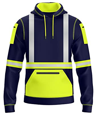 NOROZE Hombres Alta Visibilidad Pullover Sudadera Cinta Reflectante Gris Abrigo de Seguridad con 4 Bolsillos Sweatshirt Chaqueta (M, Estilo 3: Verde neón/Azul Marino)