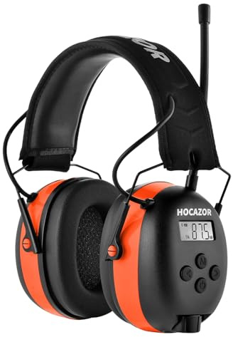 Hocazor HP033 Bluetooth 5.3 Hearing Protection AM FM Radio Headphones, 25dB NRR Noise Reduction Safety Earmuffs with 2000mAh Rechargeable Battery for Mowing Workshops, Orange