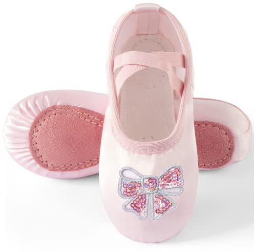 TRIPLE DEER Ballet Shoes for Girls, Satin Dance Practice Slippers Split Soft Leather Flat Sole Yoga Gymnastics Shoes Bow Sequins Pattern(Toddler/Little/Big Kid)