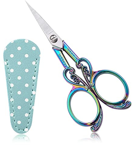 SwirlColor Embroidery Scissors (Vintage, Small Sharp), Stainless Steel & Titanium, Colorful, Ambidextrous, 11.4 x 4.8 cm, 30g, Includes Blue Protective Cover