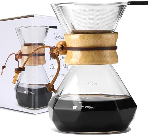 Lalord Cafetera de Goteo con Filtro de Acero Inoxidable Reutilizable, Jarra de Café de Vidrio de Borosilicato, Collar de Madera, Capacidad Para 2 tazas, 13.5 oz/400 ml