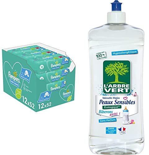 Pampers Lingettes Bébé Fresh Clean, 624 Lingettes, Sans Alcool, Parfum Rafraîchissant, Aussi Pour Les Mains Et Le Visage & L'Arbre Vert Liquide Vaisselle Peaux Sensibles Biberons 750 ml