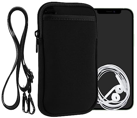 kwmobile Estuche de Neopreno Universal para Smartphone - Funda con Cuerda Doble Cremallera mosquetón para Llaves y Bolsillos - Negro