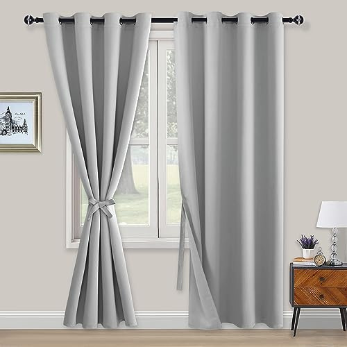 XWZO Blickdichte Vorhänge Verdunklungsvorhänge mit Ösen 2 Stücke Gardienen mit Raffhalter Lichtundurchlässige Vorhänge für Schlafzimmer,WonhzimmerBüro, 214x132 cm, Silber Grau
