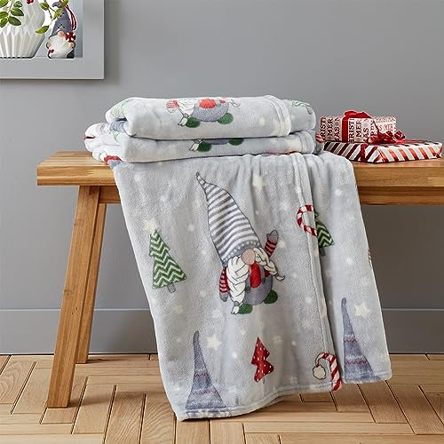 Catherine Lansfield Manta de Forro Polar con diseño de gnomos navideños, 130 x 170 cm, Color Gris