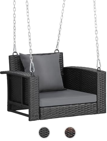 VINGLI 2.2 FT 1-Person Use Rattan Porch Swing Outdoor Support 440 LBS with Cushions & Adjustable Chains, Patio Wicker Swing Bench Chair for Garden, Yard, Lawn, Tree, Black