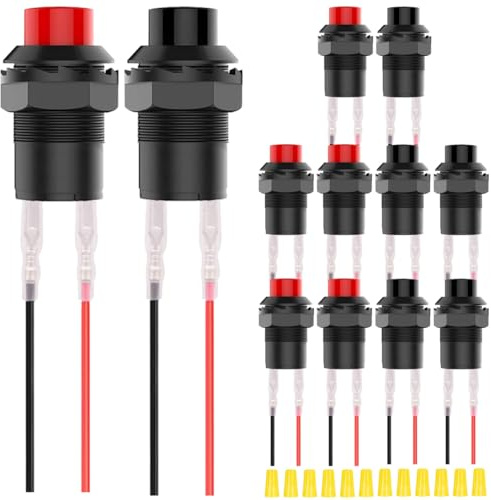 MKBKLLJY 12St.Rot/Schwarz Mini Selbstverriegelung Ein Aus Schalter AC 250V 1.5A 125V3A 2Pin 12V 12mm Latching Push Button Micro Runde Druckknopf Schalter mit Terminal Drähte Verdrahtung Cap für Auto