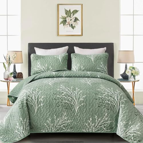Sage Green Quilt Set King Size - Branch Botanical Pattern Bedspread Coverlet Set, 3 Piece Green Floral Quilt Bedding Set for All Season, 104''x90''