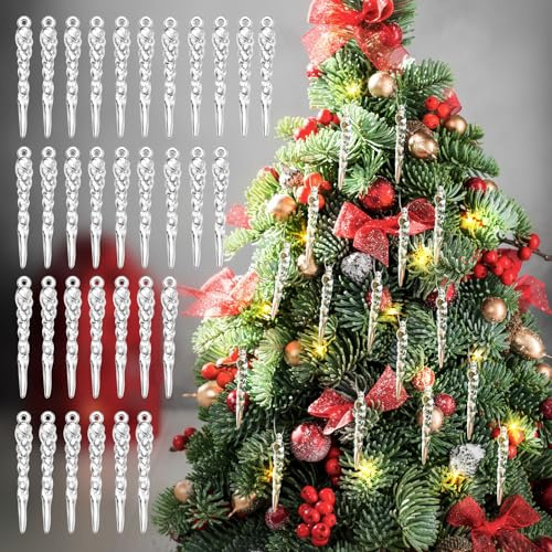 Cinnvoice 36 Pcs Christmas Ornaments Mini Icicle Christmas Decoration Plastic Crystal Hanging Icicles Ornaments for Xmas Tree Winter Wedding Party Decor