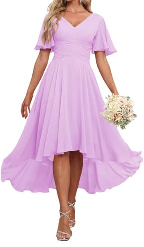 Vestido de dama de honor de princesa de manga corta, vestido de gasa asimétrico, vestido de fiesta formal con cuello en V, Lila, 60 Más