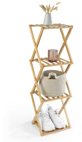 Lumaland Bambusregal 4 Etagen, klappbar | Organizer – ideal zur Garderobe, im Badezimmer & als Küchenregal | Regal für Deko – montagefrei, schmal, platzsparend | 28 x 25 x 85 cm