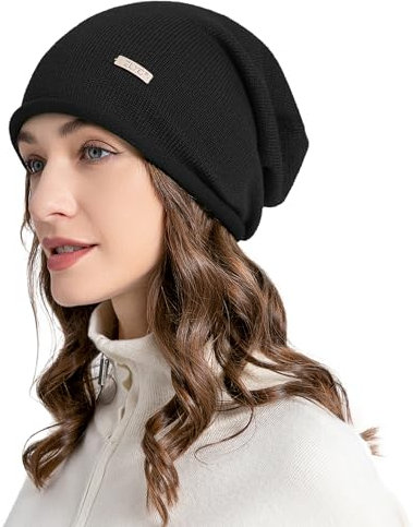 ZLYC Damen Wolle Kaschmir Strickmütze Winter Slouchy Beanie(Einfarbig Schwarz),Einheitsgröße