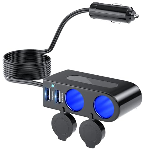 Auto Zigarettenanzünder Verteiler 120W KFZ Zigarettenanzünder Verteiler mit 2 Steckdose & 2 USB Ports, USB Auto Ladegerät Adapter 12V/24V Mehrfach Steckdose Splitter für Smartphone/Kamera/GPS/Dash Cam