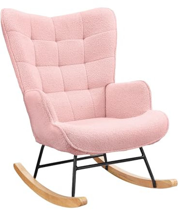 belupai Schaukelstuhl Relaxsessel Wingback Sessel mit hoher Rückenlehne Teddy Samt Lesesessel für Balkon Wohnzimmer Schlafzimmer 75B x 68T x 92H cm (Rosa)