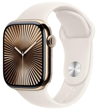Apple Watch Series 10 (GPS + Cellular 42 mm) Smartwatch mit Titangehäuse in Gold und Sportarmband in Polarstern (M/L). Fitnesstracker, EKG App, Always-On Retina Display, Wasserschutz