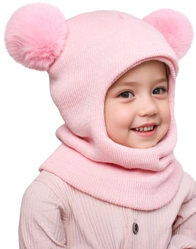 Adigau Kinder Wintermütze Beanie Schlupfmütze mit Fleecefutter Warm Mütze Und Schal Set Für Jungen Mädchen Winter Beanie Mit Ohrenklappen Beanie Strickmütze Rosa