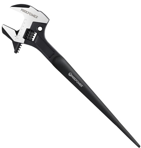 MAXPOWER 16-inch Adjustable Construction Spud Wrench, 4 in 1 Multifunctional Use for Adjustable Wrench and Hammer, Max Jaw Capacity up to 1.57