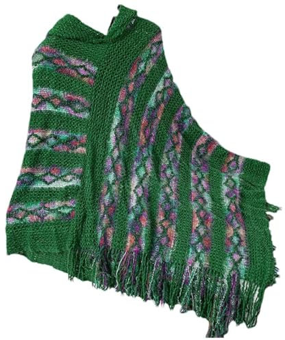Bunter Schal für Oma, Damen-Poncho mit Kapuze, lange Fransen, Boho-Strickschal, mexikanischer Kapuzenpullover, weich, asymmetrisch, warm, Pullover, Capes für Damen, warm, grün, One size