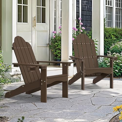 LUE BONA Adirondack Stuh 2er Set,Wetterfester Adirondack Chair aus Kunststoff,mit Becherhalter,Moderner Kunststoffstuhl für Terrasse,Garten,89 x 76 x 92cm,Tragfähigkeit 180kg,Kaffeebraun