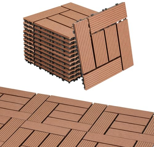 Eulenke WPC Terrassenfliesen 33 Stück, 30x30 cm Terrassendielen für Balkon Boden, KlickTerrassenfliesen, BalkonTerrassenfliesen in Holzoptik, Bodenbelag Wetterfest für Terrasse, für 3 m², Rotbraun