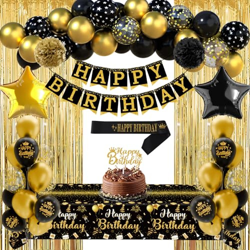 Decoracion Cumpleaños Feliz con Globos de Cumpleaños Oro Negro, Pancarta Happy Birthday, Manteles de Mesa, Cortinas Foil Dorados, Pompones, Banda para Happy Birthday Decoracion Fiesta Mujer Hombre
