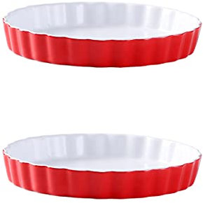 Keramik-Auflaufform-Set mit 2 runden, geriffelten Quicheformen, Porzellan-Tortenform for Crème Brûlée, Pudding und Käsekuchen(Red,10inch)