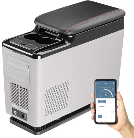 Kompressor Kühlbox 15L inkl. Montageplatte, Mittelkonsole Gefrierbox mit APP-Steuerung, Elektrisch Kühlschrank, 12V/24V DC 220-240V AC, Multifunktionale Mittelkonsole, -15°C bis 20°C für Auto Lkw Boot