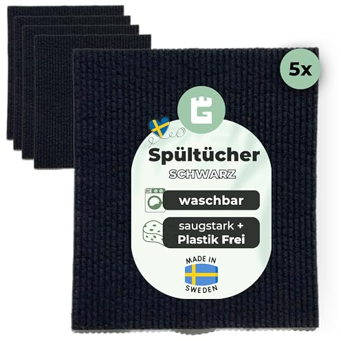 Grünschloss Spüllappen schwarz (5X) schwedische Spültücher waschbar - saugstarke Schwammtücher schwarz aus Holz-Zellstoff & Baumwolle Putzlappen - Schwarze Küchenlappen, Geschirrlappen modern