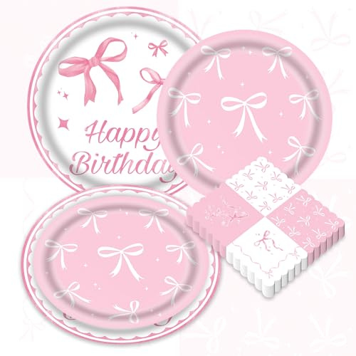 JeVenis Pink Bow Party Decorations Bow Party Tableware Plates Napkins | Bow Theme Desserts Plates Napkins Pink Party Tableware for Girls Birthday Party