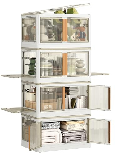 NETEL Storage Boxes With Lids, 4 x 116 L Plastic Storage Box with Lid, Stackable storage Boxes with wheels, Transparent Wardrobe Storage Organiser, 5 Door Open Storage Box, Storage Cubes Unit 4