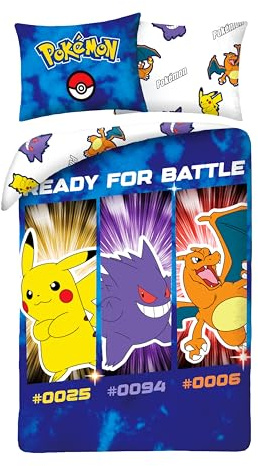 Pokémon Housse de Couette 140x200 + Taie Pikachu Dracaufeu Ectoplasma Coton | Parure de lit réversible 1 personne | Coton naturel respirant Oeko-Tex | Licence Pokémon | 4-12 | Cadeau | Idée cadeau