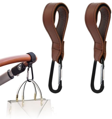 2 Pcs Stroller Hooks, Buggy Clips PU Leather Pram Hook Clips for Bags Handbag, Non-Slip Heavy Duty Universal Stroller Clips for Baby Travel Essentials, Carry 10kg per pram Clip (Brown, 10kg)