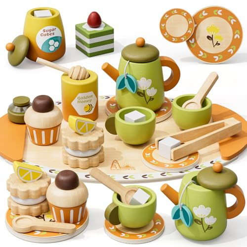 Wooden Tea Party Set for Toddlers 3-5, Pretend Play Tea Set with Simulation Snacks and Honey Sticks, for Girls Boys