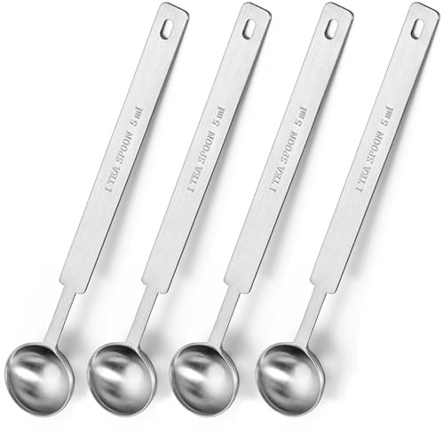 TIESOME 4 PCS 5ml Teaspoon Measuring Spoons, Extra Long Handle Single Measuring Spoon Stainless Steel Teaspoon Scoops with Hanging Holes