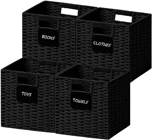 UBBCARE 4 Pack Small Wicker Basket, 9×9 Storage Cubes with Label, Foldable Cube Storage Bin with Handle, Square Storage Basket for Shelves, Woven Paper Rope Basket for Organizing, Black