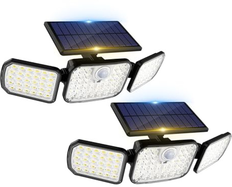 Peasur Solarlampen für Außen mit Bewegungsmelder, 2 Stück LED Aussenleuchte mit Fernbedienung 3 Modi, IP65 Wasserdicht 270°Drehbar Solarleuchten 3 Köpfe für Garten Balkon Veranda Garage