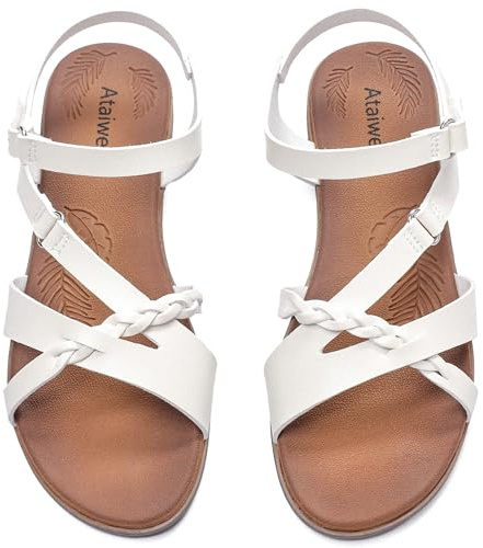 Ataiwee Sandales plates pour femmes - Sandales d'été décontractées à enfiler confortables avec bride à la cheville et bout ouvert,blanc,38 EU,2407001