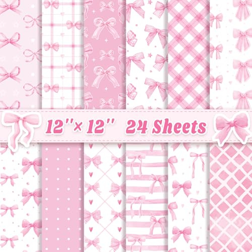 Lilbitty 24 Feuilles Papier Scrapbook Rose Rubans 30×30 cm, Papier à Motifs Vichy Rose et Rubans Imprimé Recto Verso, Papier Décoratif pour Découpage et Cartes Créatives DIY